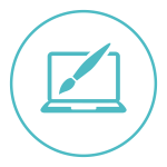 Icon of paintbrush and laptop, symbolizing digital content creation